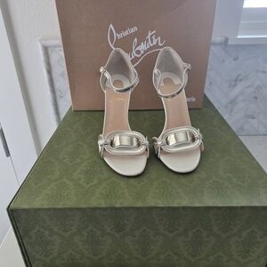 Christian Louboutin Metallic White GOLD Ankle-Strap Buckle Sandals